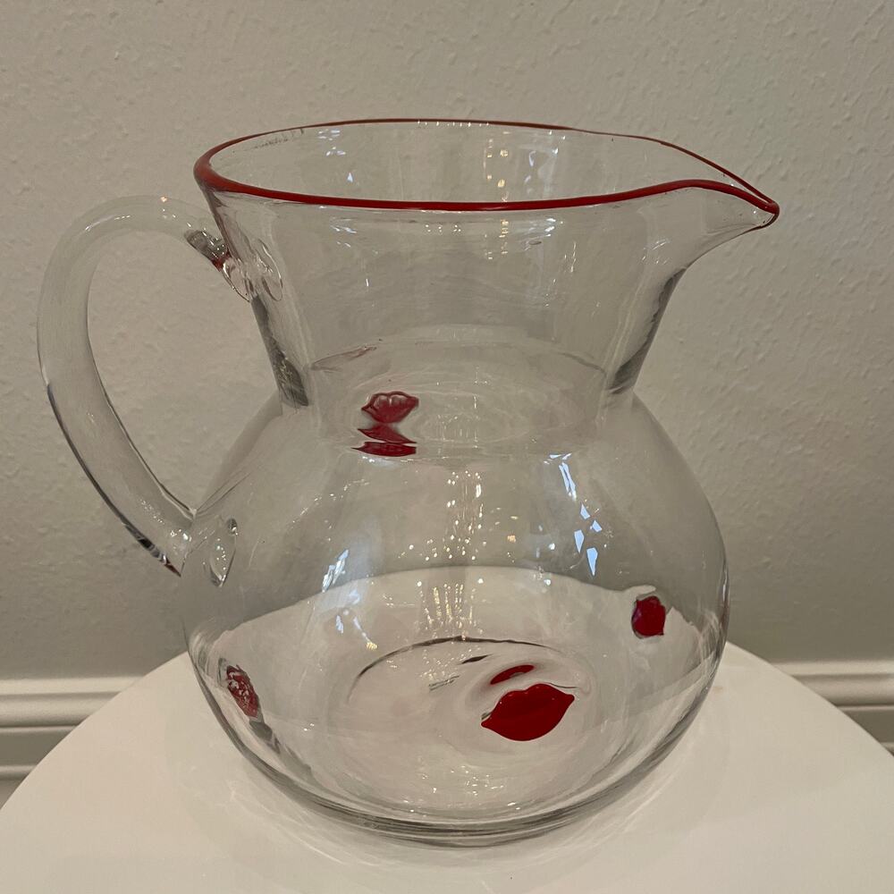 Hearts & Kisses Valentine RED LIPS Glass Pitcher 10in Viral Tik Tok New